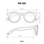 Schema illustrativo delle dimensioni degli occhiali da sole zo-oz stile pantos modello Beep per bambini 3-5 anni.