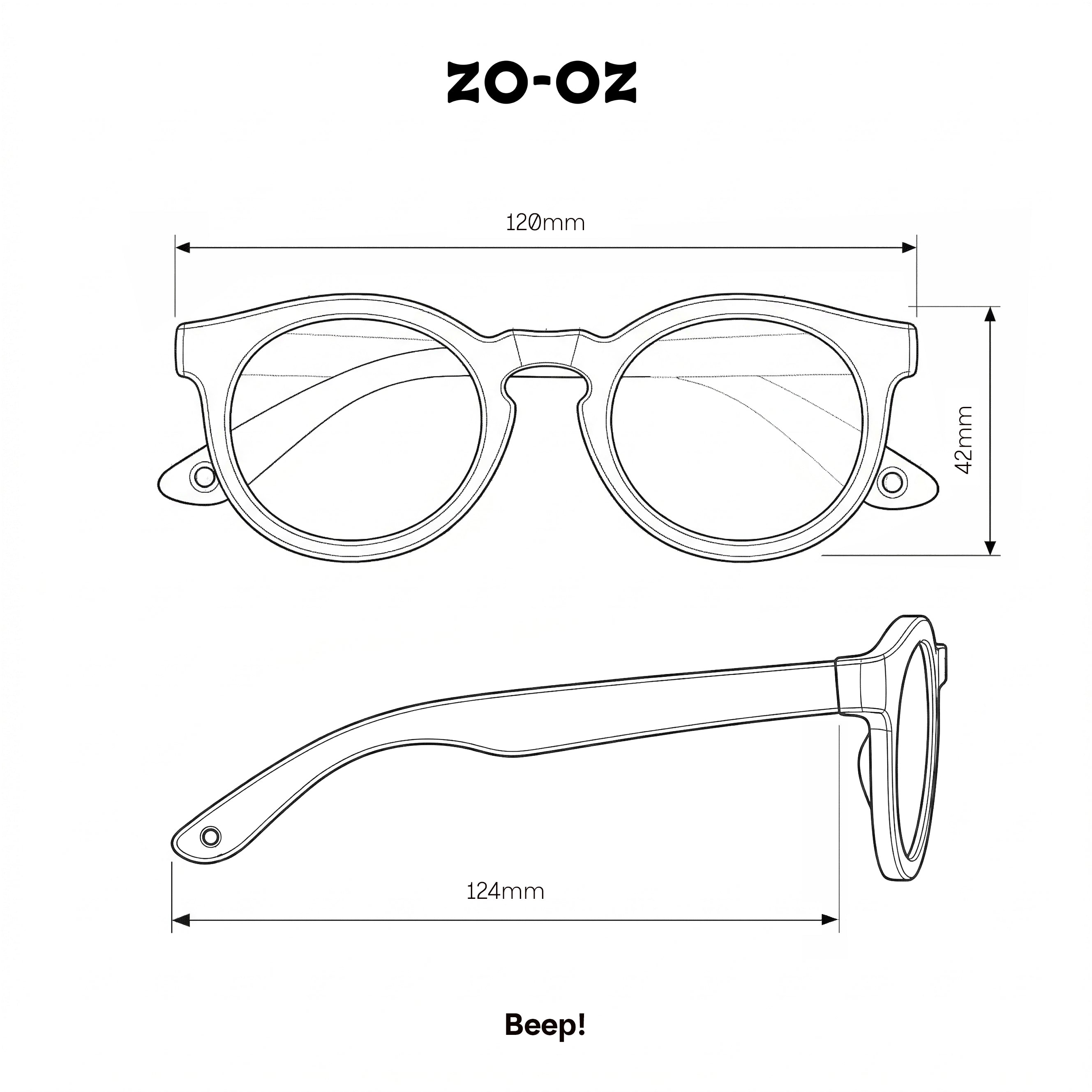 Schema illustrativo delle dimensioni degli occhiali da sole zo-oz stile pantos modello Beep per bambini 3-5 anni.