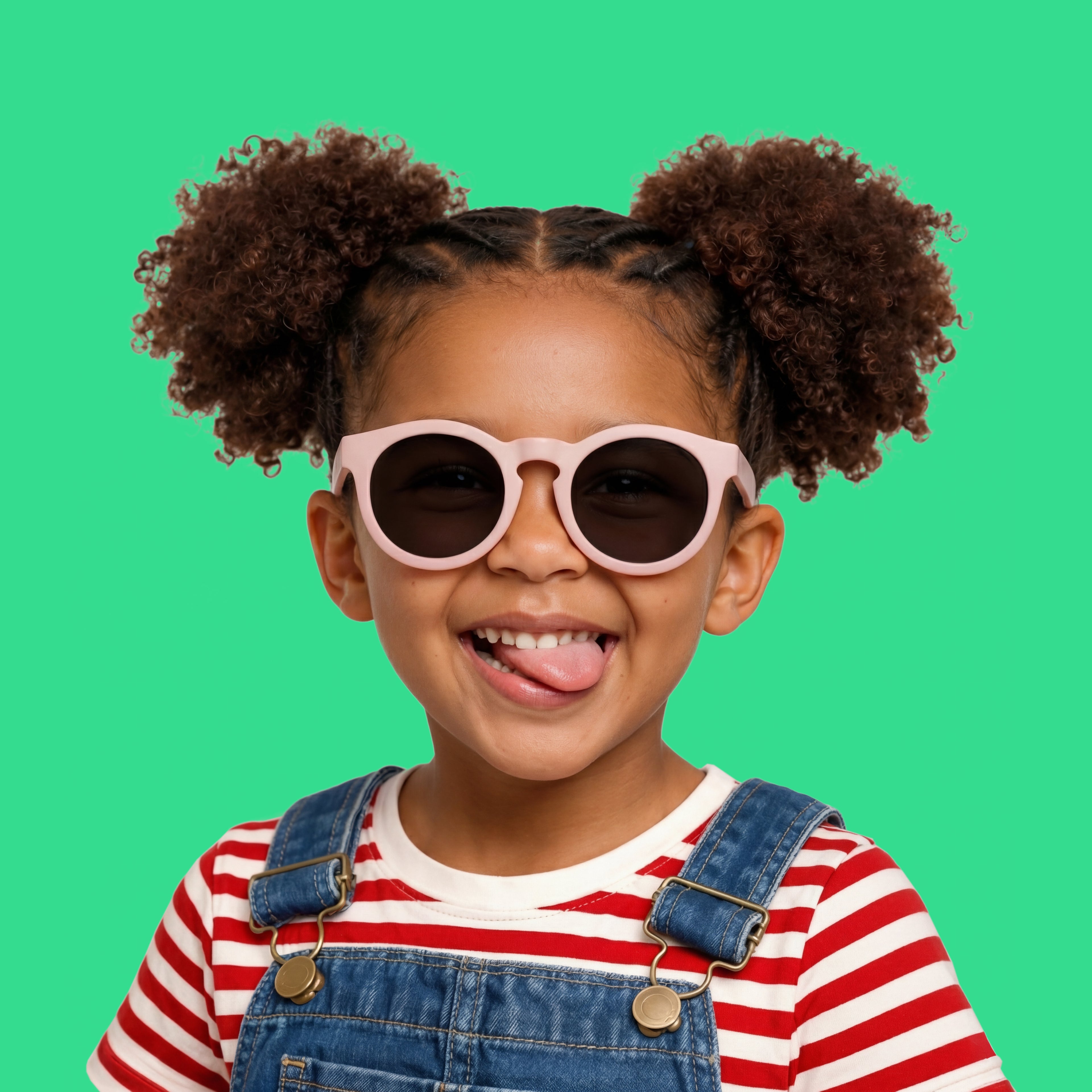 Bambina che indossa gli occhiali da sole rosa modello Beep di zo-oz montatura stile Pantos. Vista frontale che mostra come calzano sul viso nella fascia 3-5 anni.