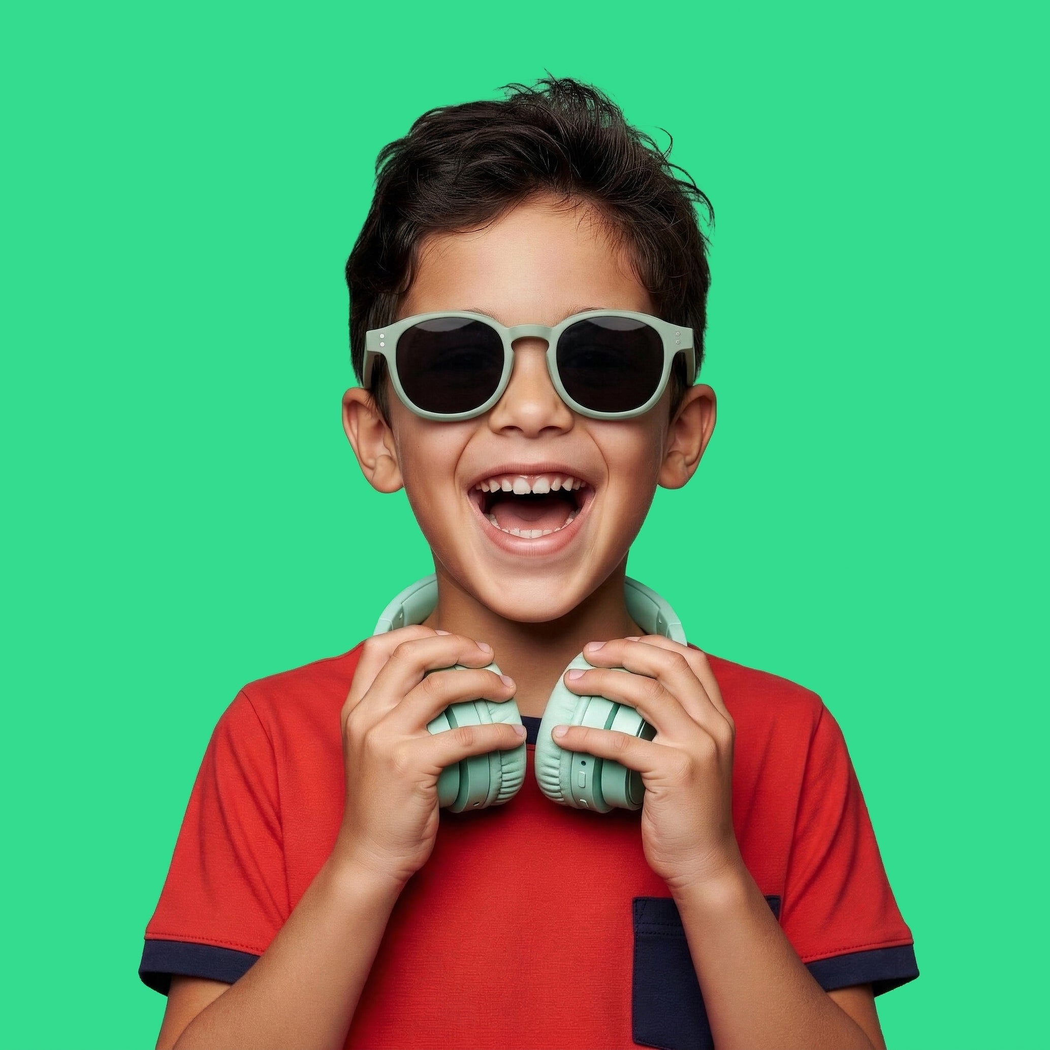 Bambino che indossa gli occhiali da sole verde modello Buzz di zo-oz montatura stile Pantos. Vista frontale che mostra come calzano sul viso nella fascia 6-12 anni.