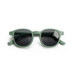 Occhiali da sole zo-oz stile pantos modello buzz verde opaco per bambini 6-12 anni piegati e fotografati dall'alto.