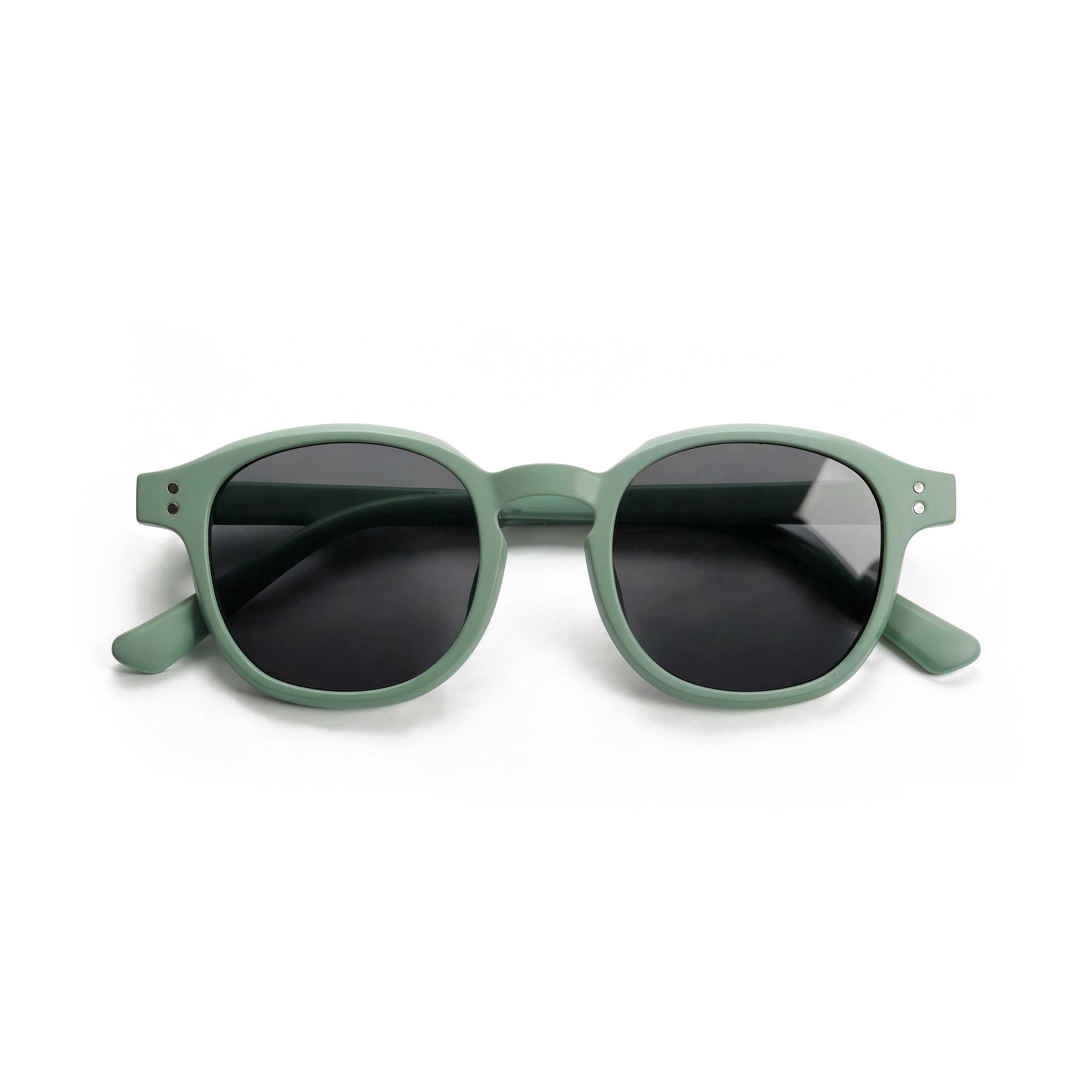 Occhiali da sole zo-oz stile pantos modello buzz verde opaco per bambini 6-12 anni piegati e fotografati dall'alto.