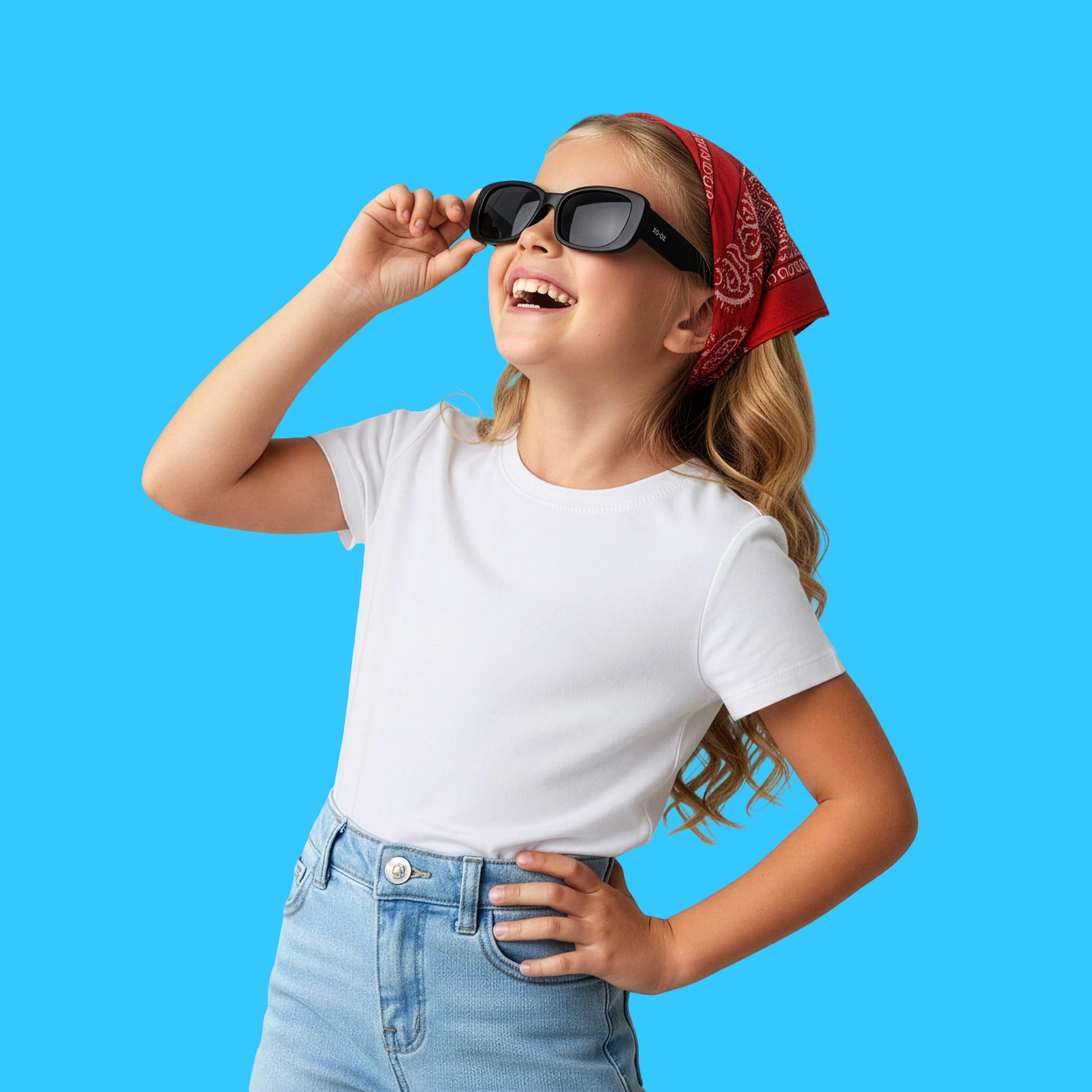 Bambina che indossa gli occhiali da sole neri modello Clap di zo-oz montatura stile Rettangolare. Vista laterale che mostra come calzano sul viso nella fascia 6-12 anni.