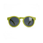 Occhiali da sole zo-oz stile pantos modello Ding verde opaco per bambini 0-2 anni. Inquadratura frontale con le aste aperte appoggiate su una superficie.