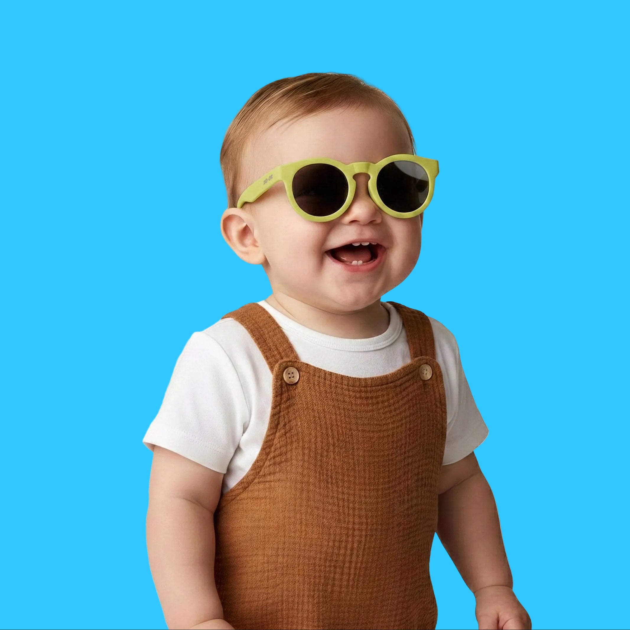 Bambino che indossa gli occhiali da soleverde modello Ding di zo-oz montatura stile Pantos. Vista laterale che mostra come calzano sul viso nella fascia 0-2 anni.