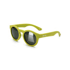 Occhiali da sole zo-oz stile pantos modello Ding verde opaco per bambini 0-2 anni. Inquadratura laterale in prospettiva con le aste aperte appoggiate su una superficie.