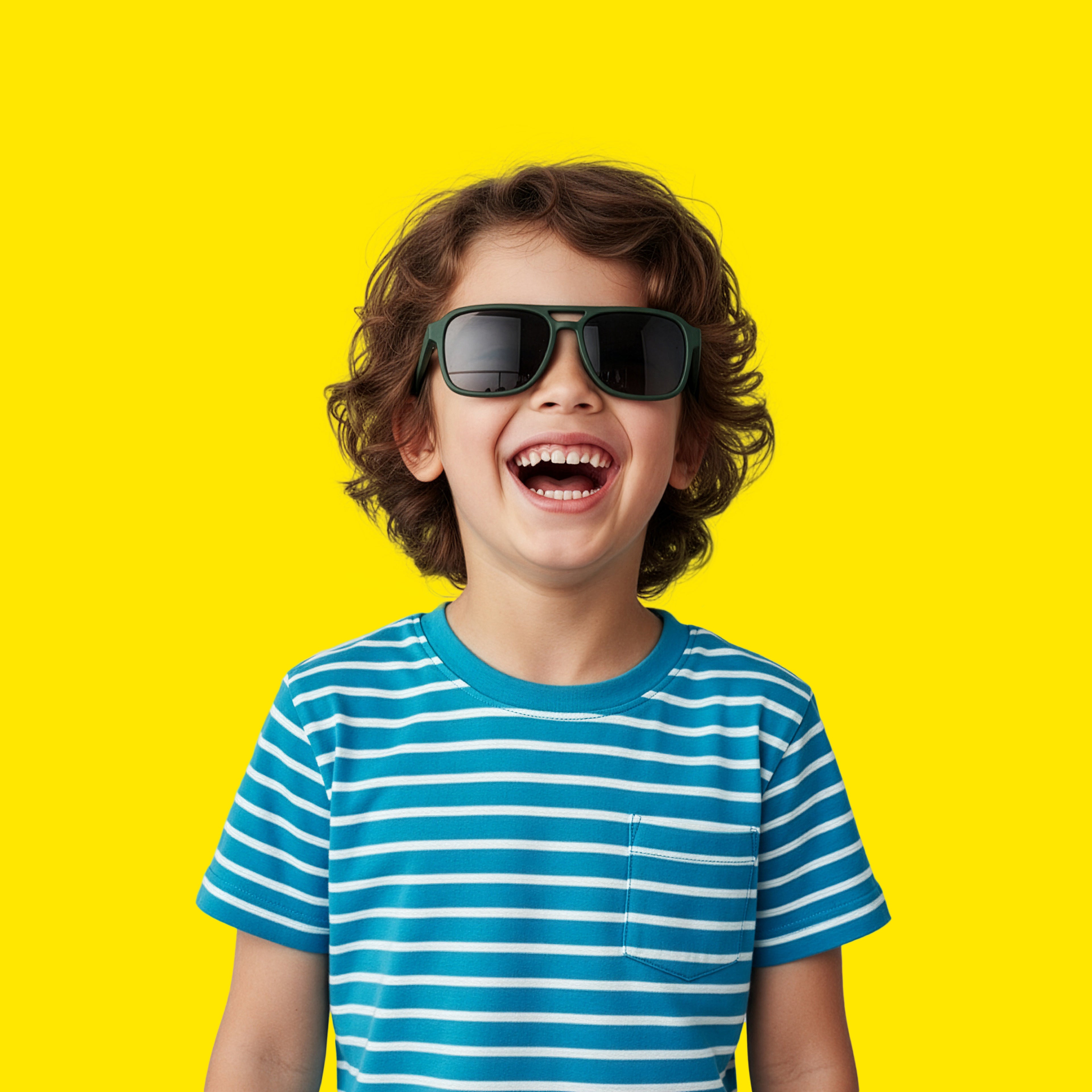 Bambino che indossa gli occhiali da sole verde modello Hop di zo-oz montatura stile Aviator. Vista frontale che mostra come calzano sul viso nella fascia 6-12 anni.