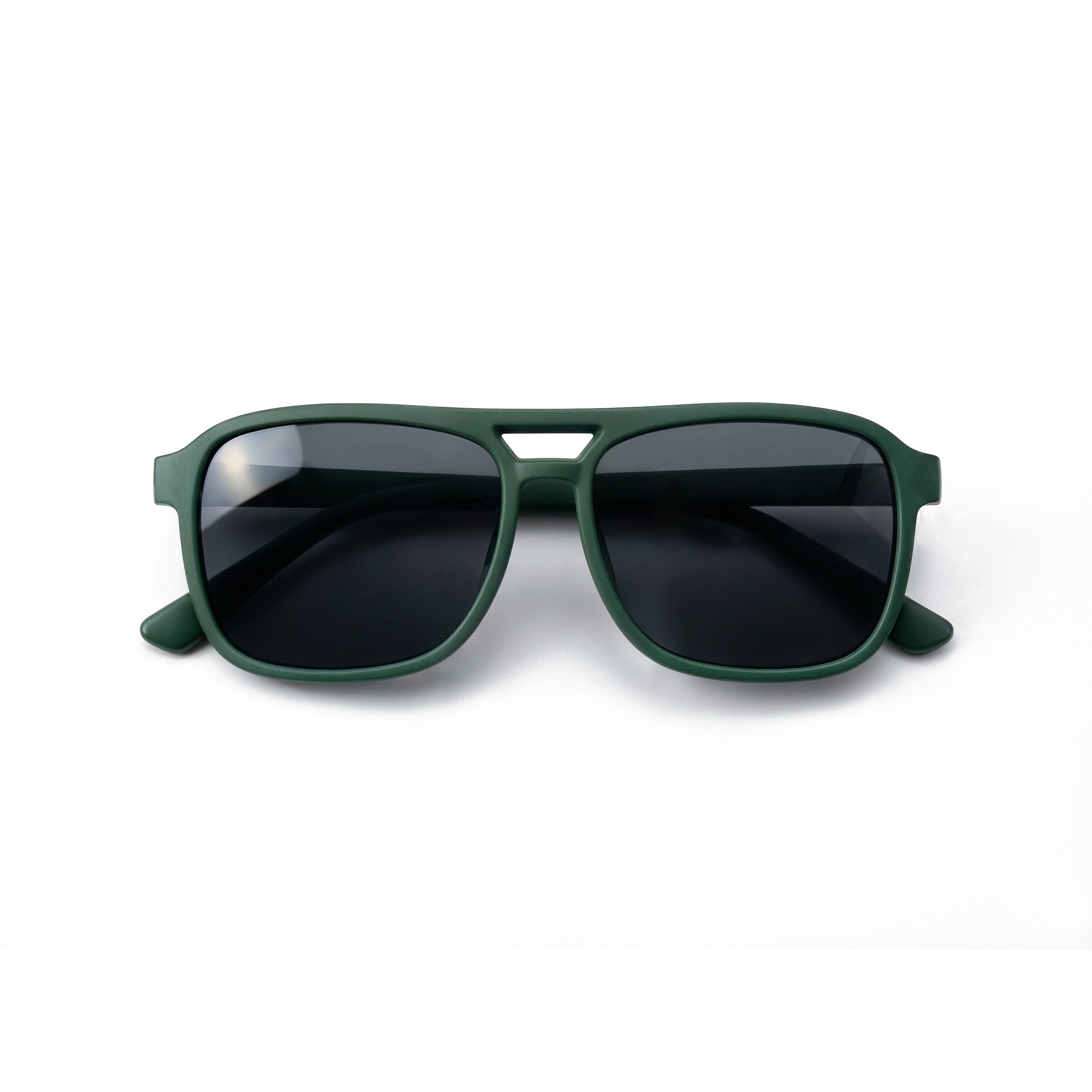 Occhiali da sole zo-oz stile aviator modello hop verde opaco per bambini 6-12 anni piegati e fotografati dall'alto.