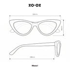 Schema illustrativo delle dimensioni degli occhiali da sole zo-oz stile cat-eye modello Meow per bambini 6-12 anni.