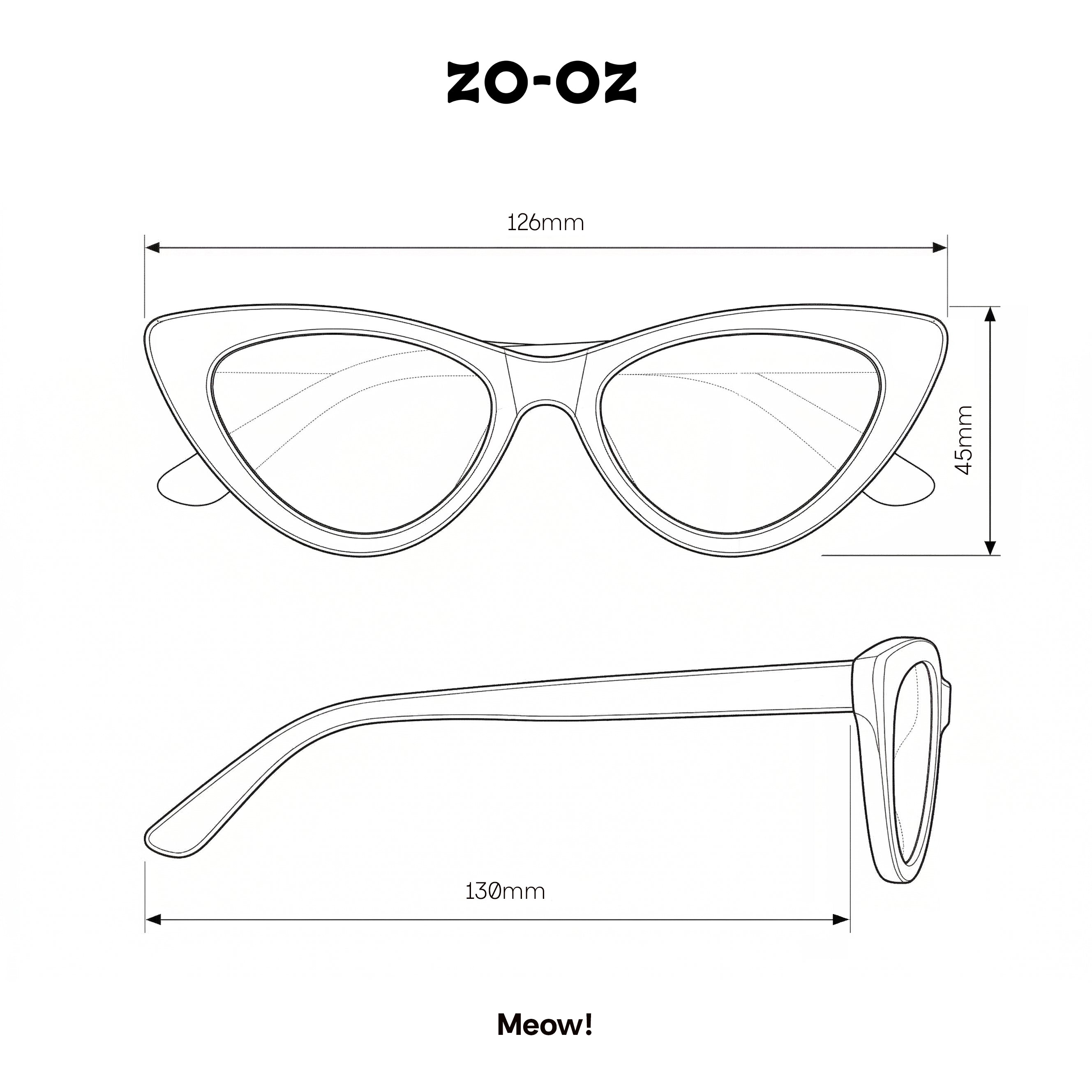 Schema illustrativo delle dimensioni degli occhiali da sole zo-oz stile cat-eye modello Meow per bambini 6-12 anni.