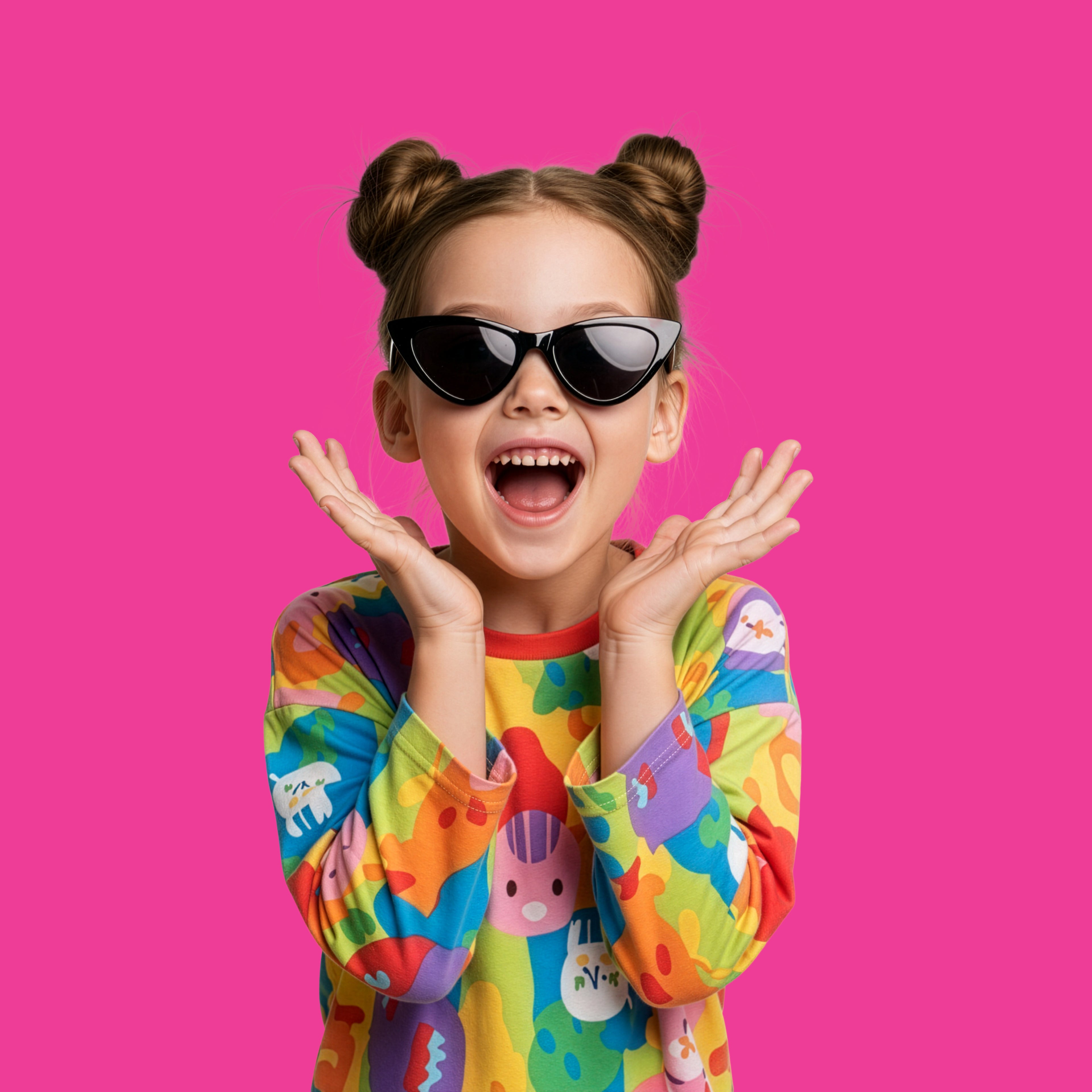 Bambina che indossa gli occhiali da sole neri modello Meow di zo-oz montatura stile Cat-eye. Vista frontale che mostra come calzano sul viso nella fascia 6-12 anni.