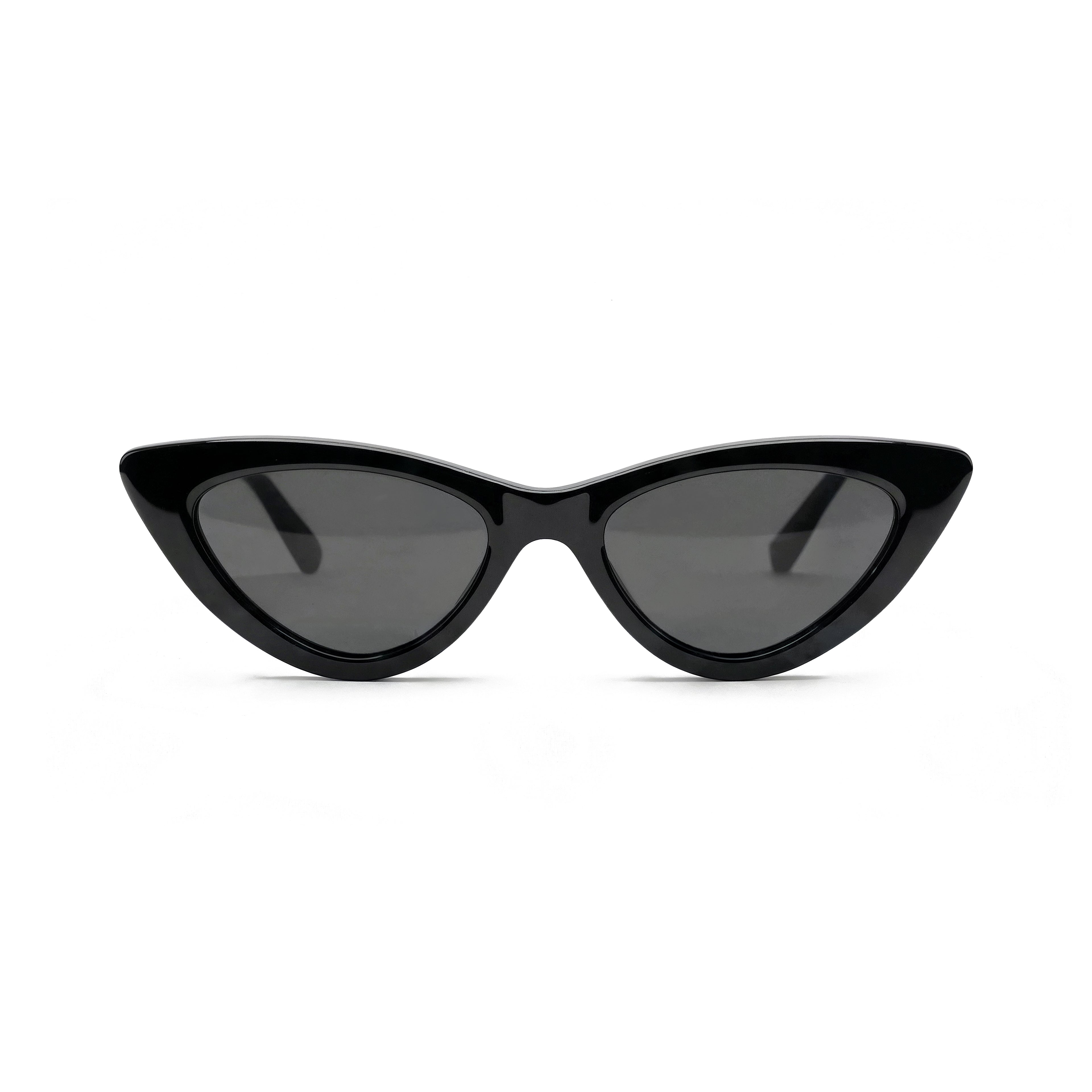 Occhiali da sole zo-oz stile cat-eye modello Meow nero lucido per bambini 6-12 anni. Inquadratura frontale con le aste aperte appoggiate su una superficie.