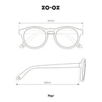 Schema illustrativo delle dimensioni degli occhiali da sole zo-oz stile pantos modello Pop per bambini 0-2 anni.