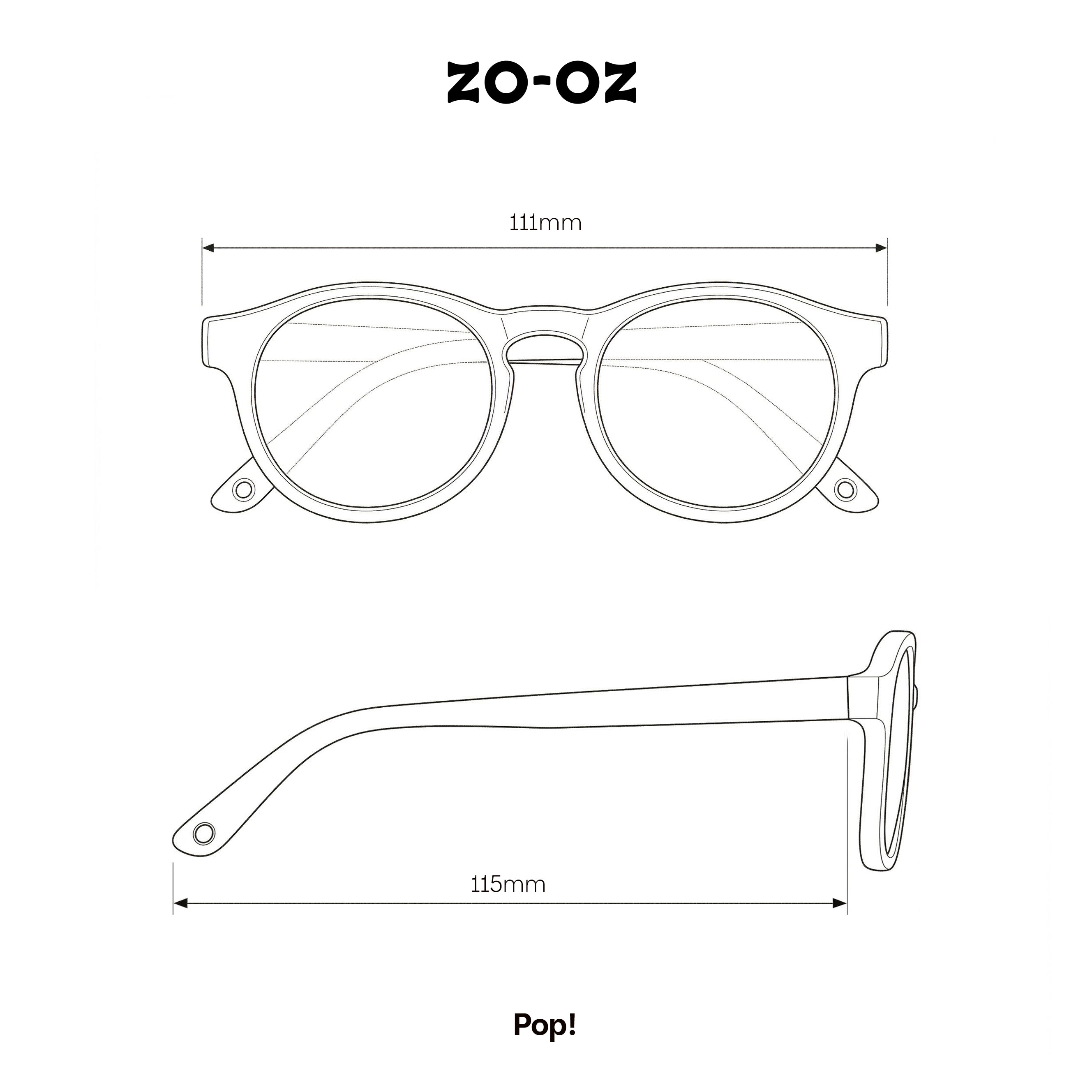 Schema illustrativo delle dimensioni degli occhiali da sole zo-oz stile pantos modello Pop per bambini 0-2 anni.