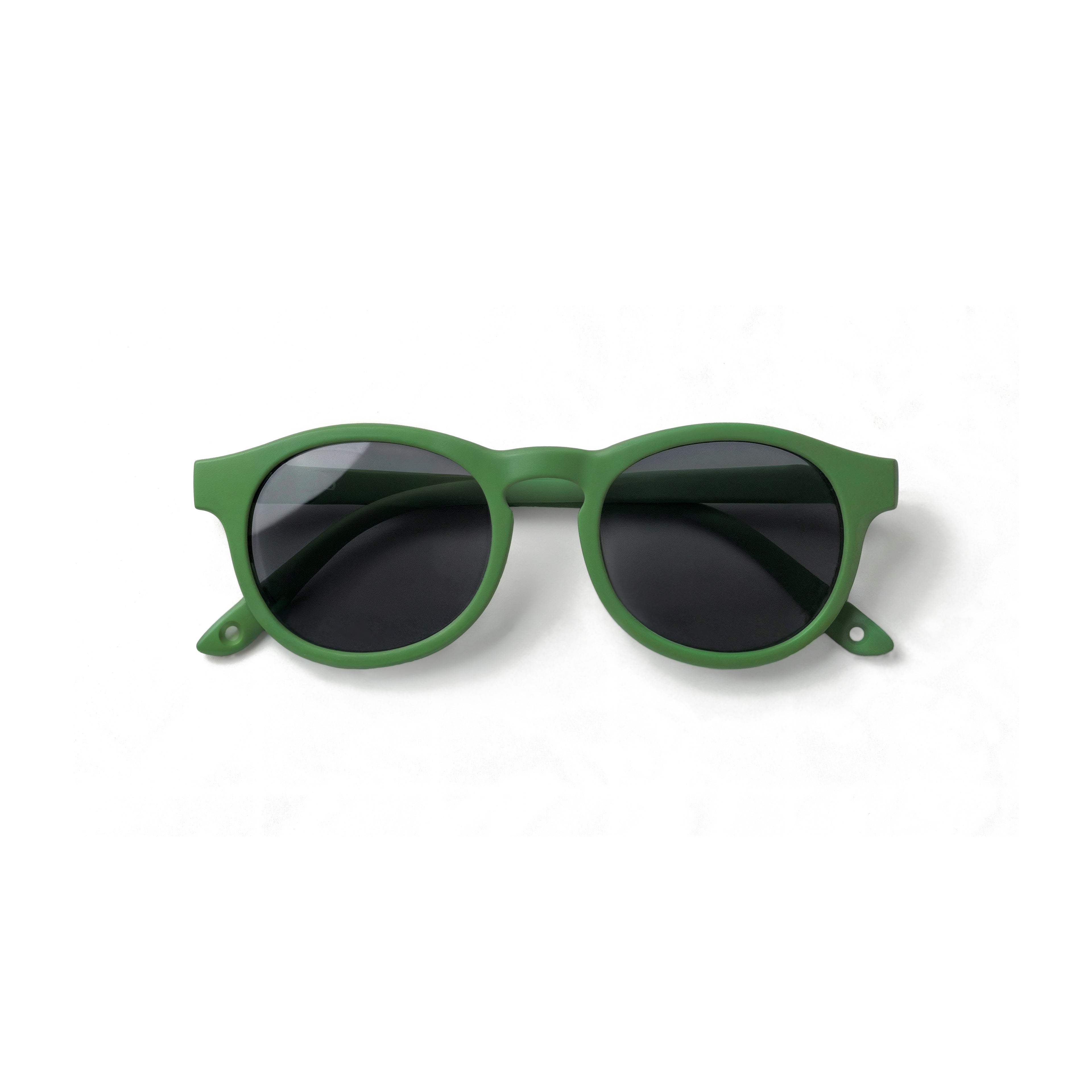 Occhiali da sole zo-oz stile pantos modello Pop verde opaco per bambini 0-2 anni piegati e fotografati dall'alto.