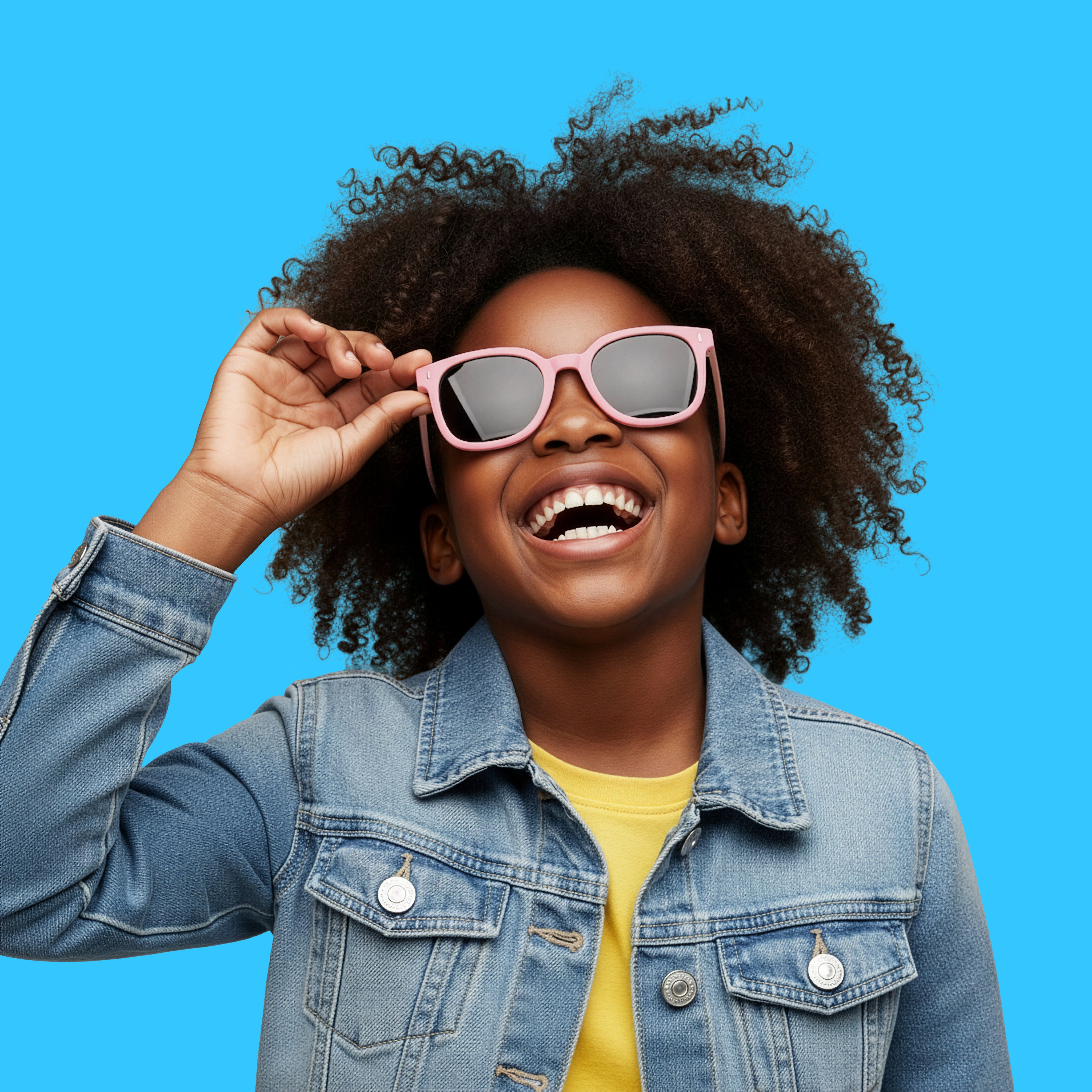 Bambina che indossa gli occhiali da sole neri modello Zip di zo-oz montatura stile Wayfarer. Vista frontale che mostra come calzano sul viso nella fascia 6-12 anni.